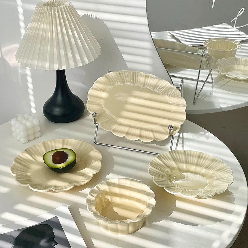 Ahunderjiaz-French Beige Ceramic Tableware Set, Underglaze Dessert Tray, Rice Bowl, Fish Plate, Kitchen Tableware Set, Cream Sty.