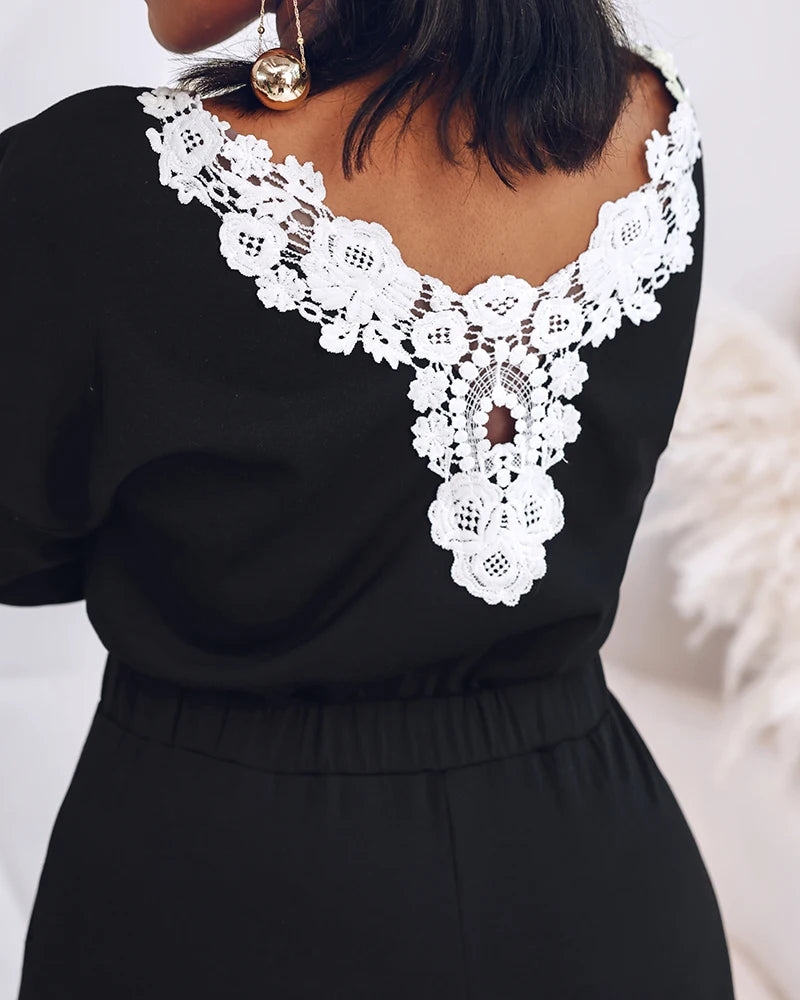 Women's Backless Lace Contrast Detail Jumpsuit Drop Shoulder Long Sleeve Casual Elastic Waist Wide Leg Overalls.