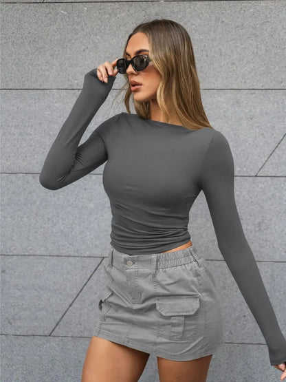 Summer Spring Slim-fitting Women's Clothing New One-neck Long-sleeved T-shirt Blouse Top Skinny Solid Color Tee