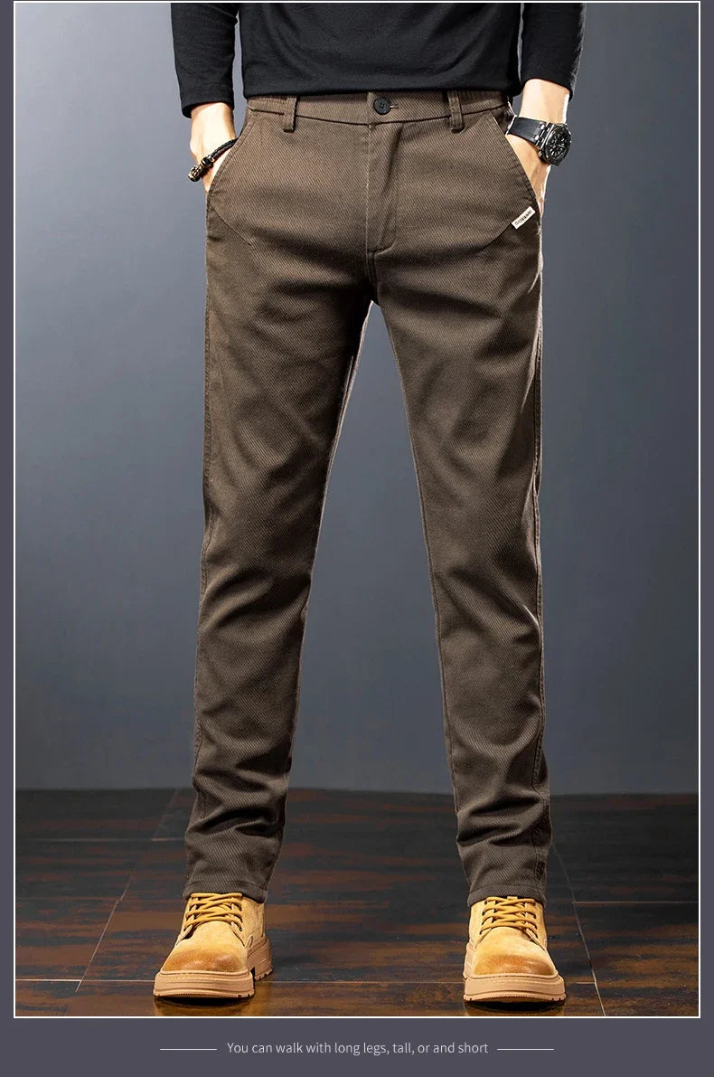 Men's Twill Slim Pants Business Straight Cotton Casual Trousers Brand Fashion Korean Elastic Coffee Black Gray Pant.