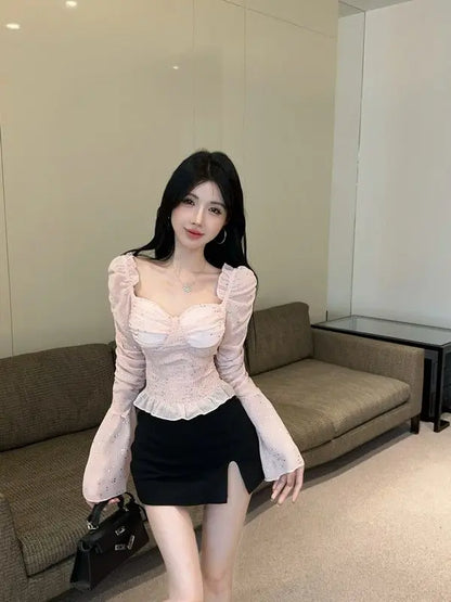 New Women's One Shoulder Flared Sleeve Top Pink Sweet and Spicy Top Niche and Unique Shirt.