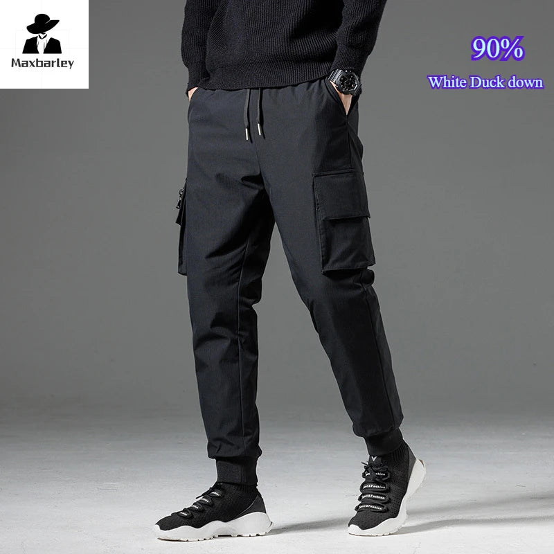 Winter Down Pants Men's Casual Waterproof Zipper Pocket Thick 90% Duck Down Cargo Pants Male Jogger Outdoor Warm Sports Pants.