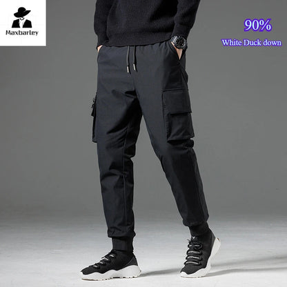 Winter Down Pants Men's Casual Waterproof Zipper Pocket Thick 90% Duck Down Cargo Pants Male Jogger Outdoor Warm Sports Pants.