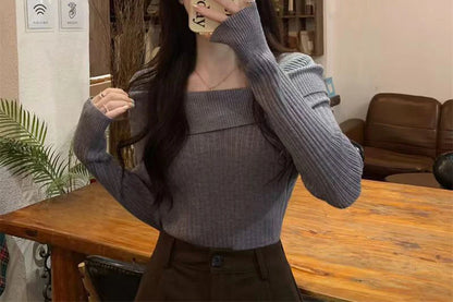 Solide Sexy Schlank Off Schulter Slash Neck Langarm Stricken Pullover Frauen Jumper Büro Mode Neue.