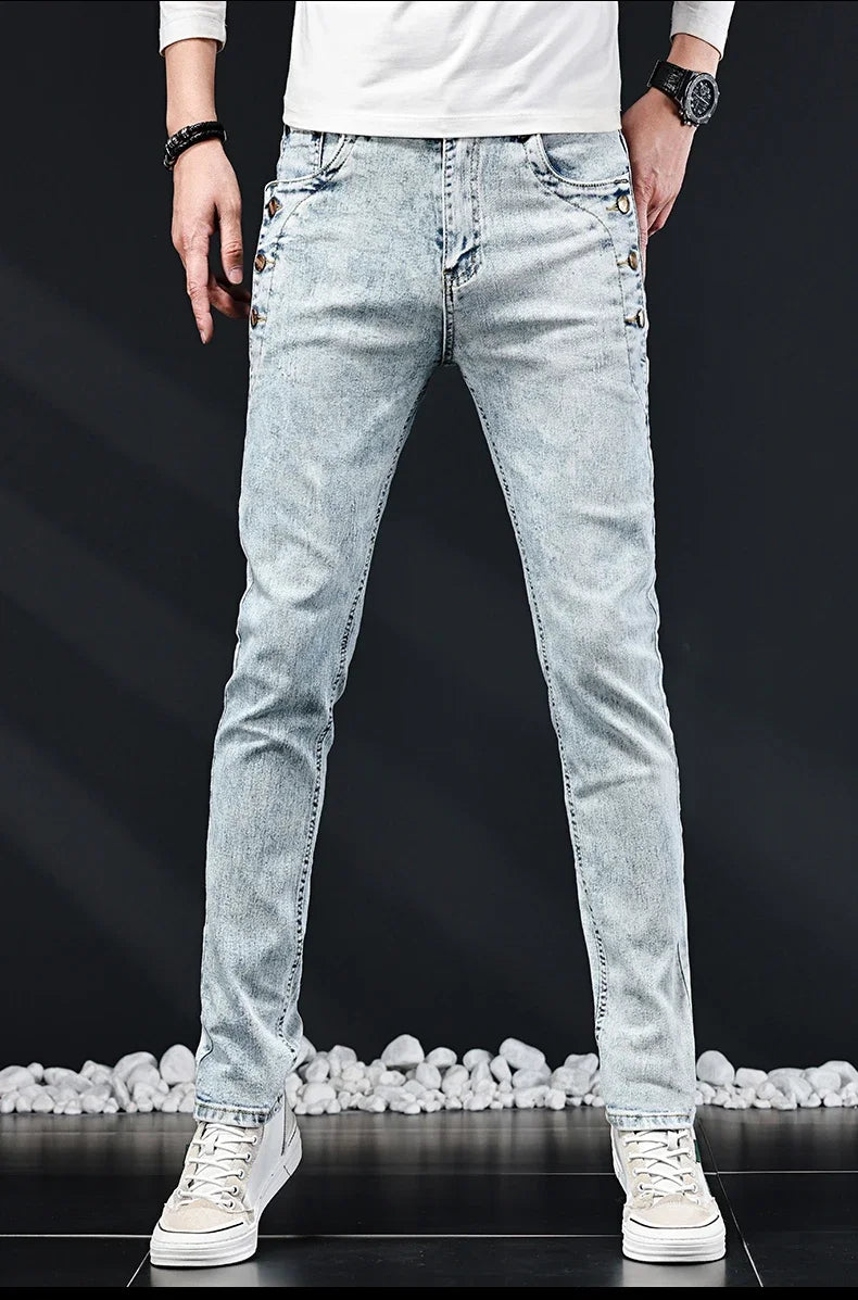 Slim Skinny Jeans Men New Elastic Korean Design Fashion Multi-Button Blue White Vintage Wash Cotton Stretch Denim Pants Trousers.