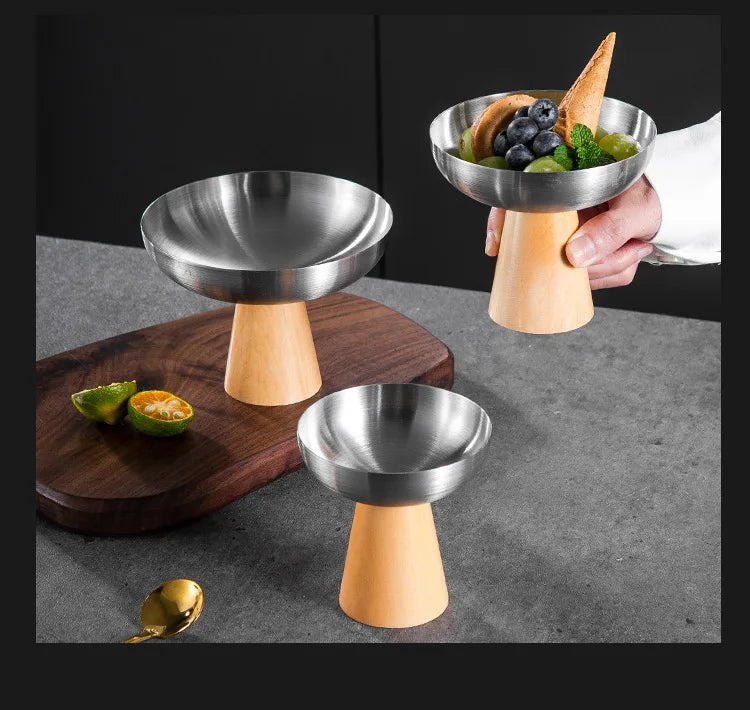 StainlessTea Tray Snack Tray Fruit Tray Salad Tray Steel Wooden Footed Cup High Foot Cup Ice Cream Cup Pudding Cup Dessert Plate.