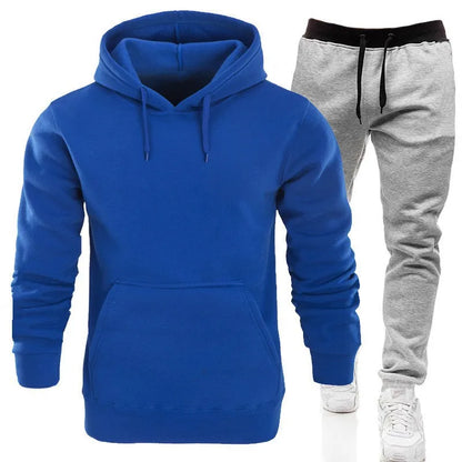 Men's Hooded Solid Color Pullover Set Two-Piece Sweater Sport Pants.