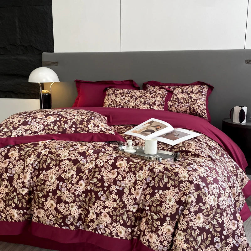 Floral Print 600TC Egyptian Cotton Bedding Queen King Comforter Cover Soft Duvet Cover Set Flat/Fitted Bed Sheet Pillowcases