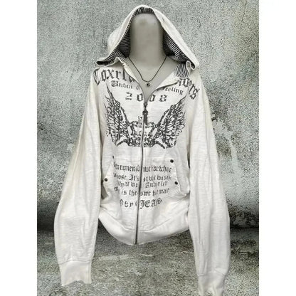 Vintage Sweatshirts 2025 Women's Clothes White Print Tunic Hooded Y2k Coat Streetwear Fashion Casual Hoodies Tops Ropa Mujer.