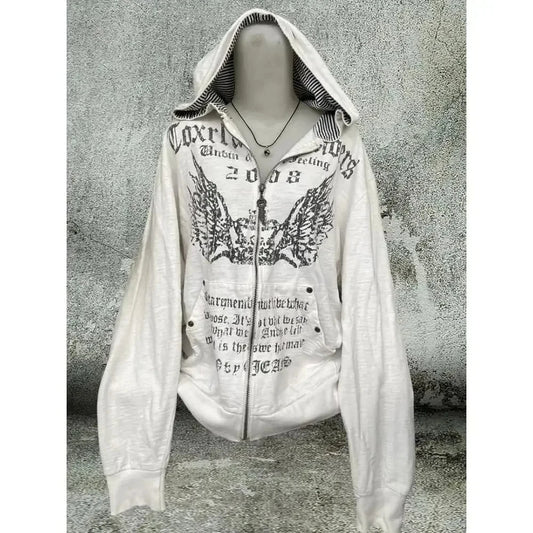 Vintage Sweatshirts 2025 Women's Clothes White Print Tunic Hooded Y2k Coat Streetwear Fashion Casual Hoodies Tops Ropa Mujer.