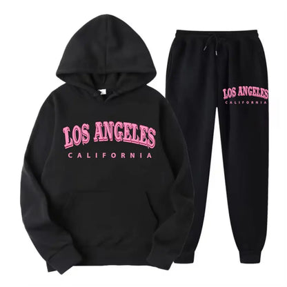 Two Piece Set Street Womens Hoodie & Pants Fleece Pocket Loose Pullover Los Angeles California Print Clothes Fashion Sportswear
