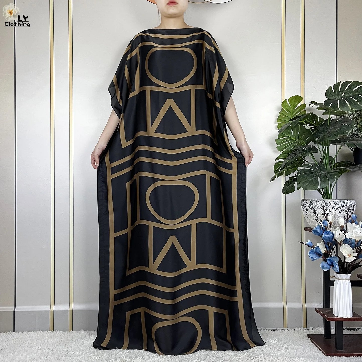 2024 New Dubai Summer Fashion For Women Printed Silk Soft Loose Femme Robe African Islam Maxi Woman Casual Dresses With Turban.