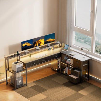 Schwarzer L-förmiger Schreibtisch mit LED Beleuchtung USB Steckdosen und Schubladen Gaming Computertisch 200cm