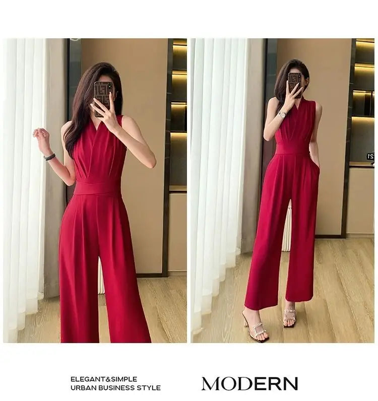 Women's Wide Leg Jumpsuit Pants 2025 Summer New Casual Straight Tube Sports Overalls V-neck Sleeveless Bodysuit For Women Romper.