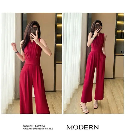 Women's Wide Leg Jumpsuit Pants 2025 Summer New Casual Straight Tube Sports Overalls V-neck Sleeveless Bodysuit For Women Romper.
