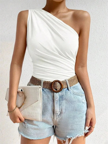 Women One Shoulder Pleated Tank Top Summer Solid Sleeveless Ruched T-shirt Streetwear Off the Shoulder Top.
