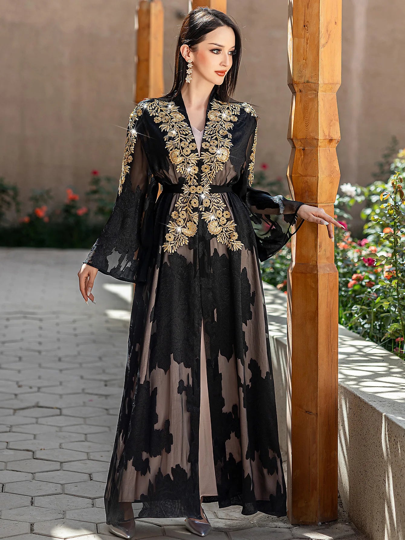 Fashion Lace Embroidered 2 Piece Set Robe Belt Abaya Dubai Kaftan Women Muslim Dress Morocco Caftan Ramadan Kebaya Jalabiya Gown.