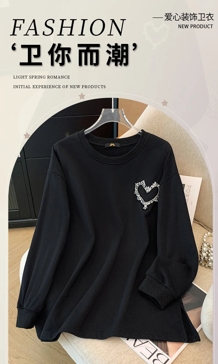 150 kg Übergröße Damen Büste 155 Frühling Herbst Lose Sweatshirt mit hellem Diamantherz Schwarz 5XL 6XL 7XL 8XL 9XL.