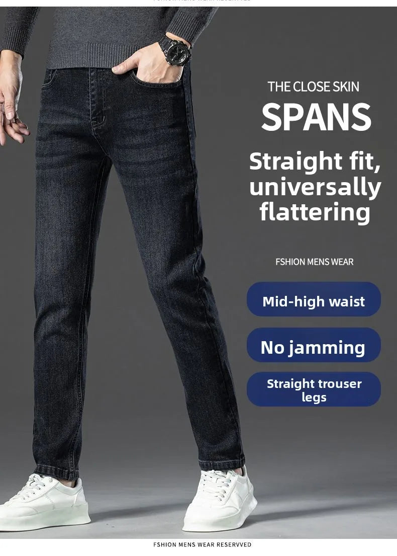 Autumn Winter New High Elasticity Men's Business Jeans Haze Blue Black Gray Denim Trousers Men's Pants Work Clothes Brand.