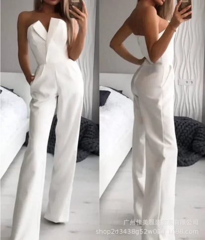 2025 Women's Elegant Jumpsuits Solid Off Shoulder Sexy Club Jumpsuit Female Sleeveless High Waist Slim Wide Leg Jumpsuit Pants.