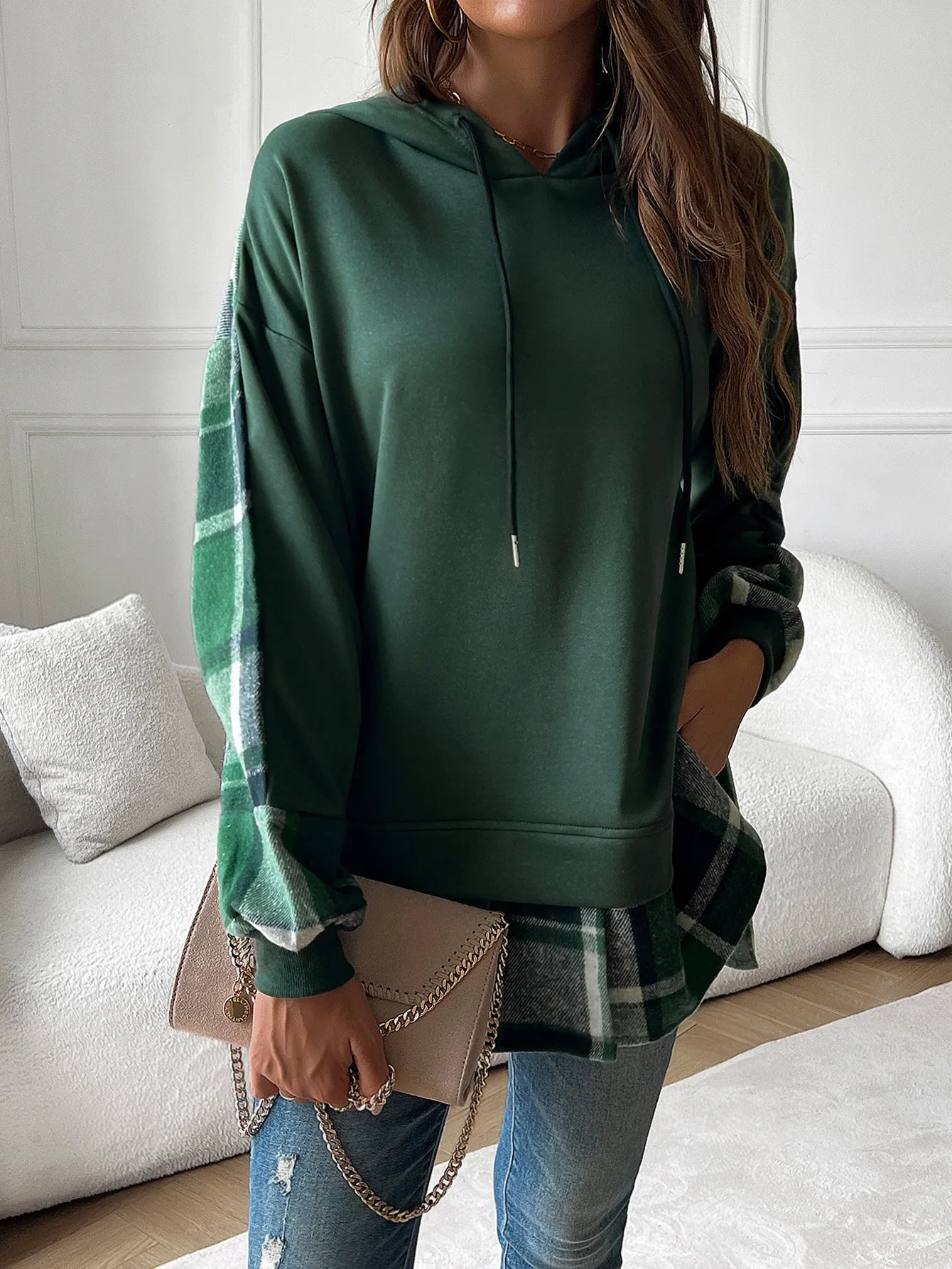 Women's Hoodie For Autumn And Winter 2025; Color-blocked Casual Pseudo Two-piece Raglan Long-sleeved Sweat For Women.