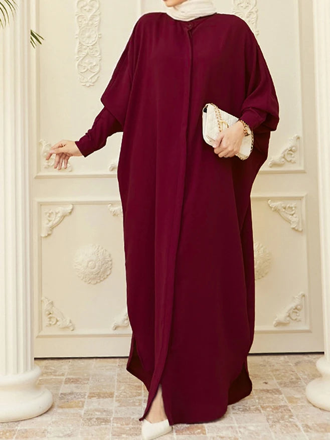 kebaya Ramadan Solid Batwing Sleeve Kaftan Abaya, Elegant Loose Split Maxi Length Dress, Women's Clothing.