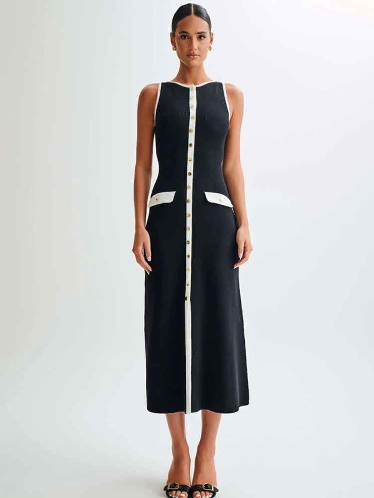 Tossy Strick-Maxikleid mit gerippter Strickjacke, weiblich, hohe Taille, schlanke Tasche, ärmellos, elegantes Partykleid, Damen-Strickwaren, langes Kleid