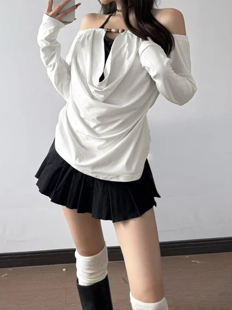 2025 Autumn Winter Women Korean Fake Two Pieces Slash Neck Top 2000s Long Sleeve T-Shirt Kpop Tees Y2k Design Coquette Gyaru New.