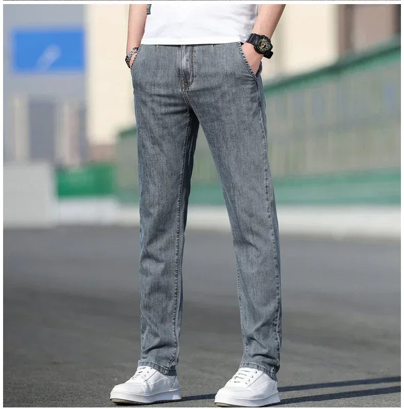 KUBRO 2024 Summer New Men's Loose Stretch Gray Jeans Fashion Casual Stretch Straight-leg Denim Pants Male Light Blue Brand.