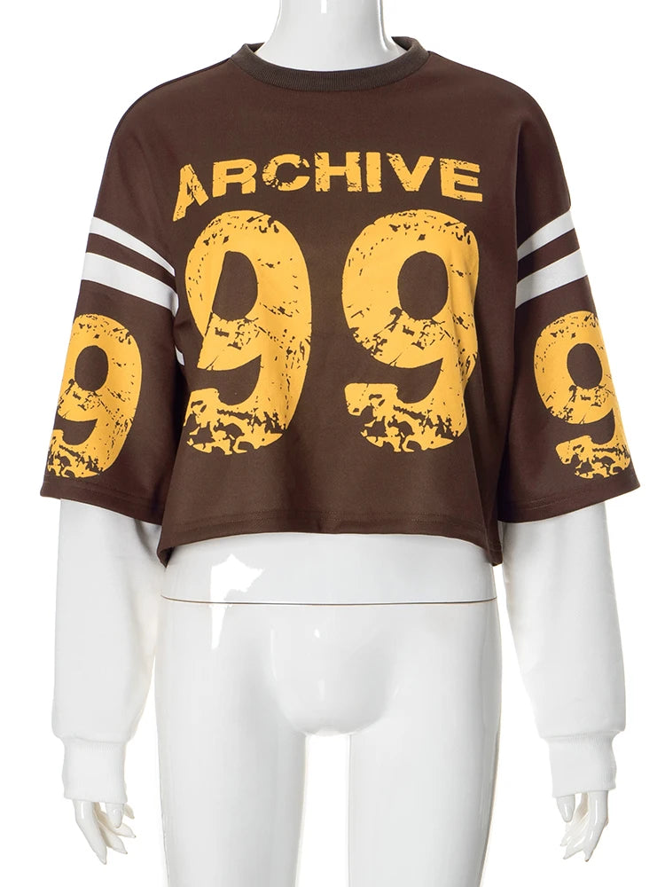 Weird Puss Fake Two Piece Pullover Women Trend Contrast Number Print Patchwork Long Sleeve Autumn Casual Simple Streetwear Tops.