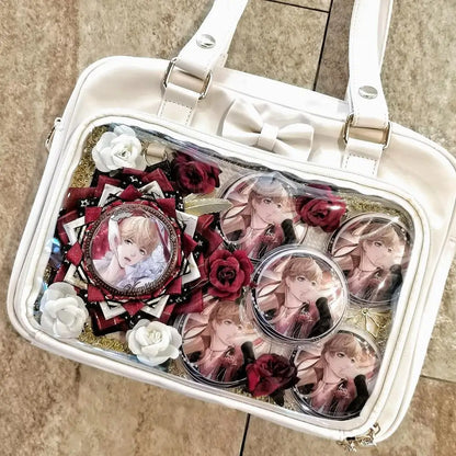 Y2K Cute Bow Ita Bag Girl Transparent Messenger Bag Women Fashion Shoulder Crossbody Bag Ladys DIY Badge Tote Bag Lolita Handbag