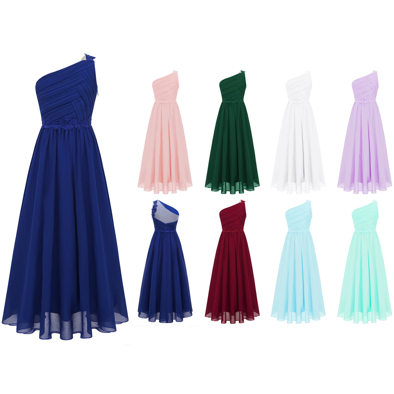 Mädchen Hochzeit Brautjungfer Kleid One Shoulder Elegante Guipure-Spitze Geraffte Chiffon Maxi Party Kleider Geburtstag Abend Abendkleid.