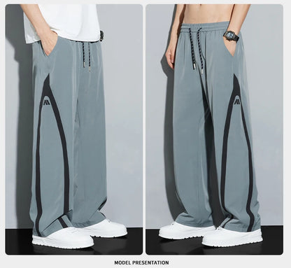 2025 Summer Ice Silk Casual Pants Boys Casual Peplum Pants Handsome Straight Colorblocking Sports Pants.