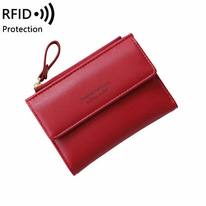 RFID Anti-Theft Short Card Bag for Women, Brush, PU, Solid Color, Zipper Buckle, Multi-functional Fashion, Small Purse