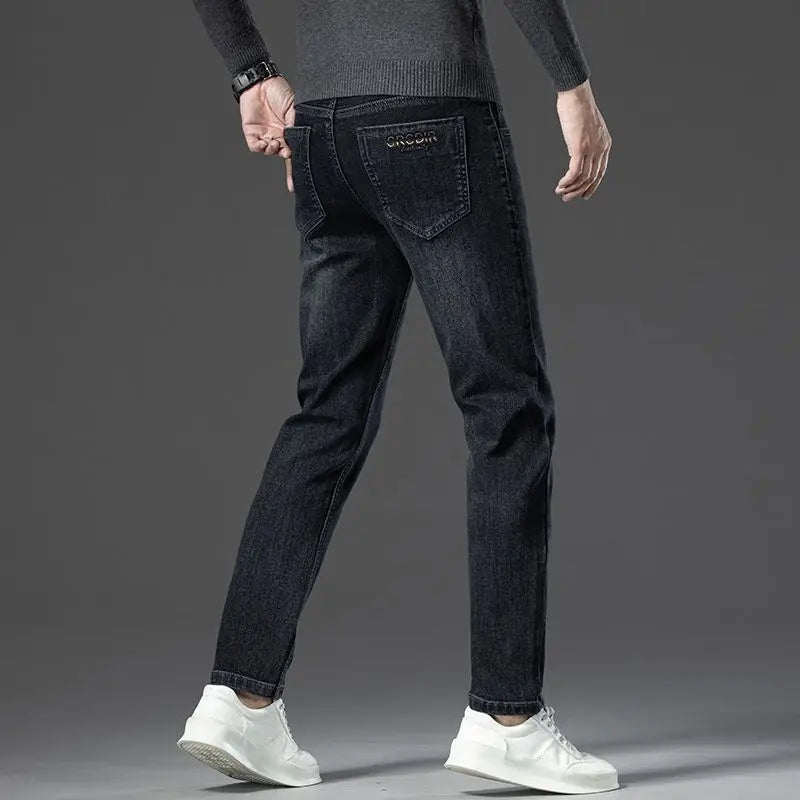 Autumn New Men's Business Jeans High Elasticity Straight Denim Trousers Men's Pants Work Clothes Haze Blue Black Gray Brand.