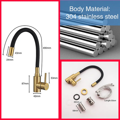 ULA Gold Kitchen Faucet Stainless Steel Flexible Spout Kitchen Sink Faucet Hot Cold Water Sink Mixer Tap 360 Degree Rotate Crane