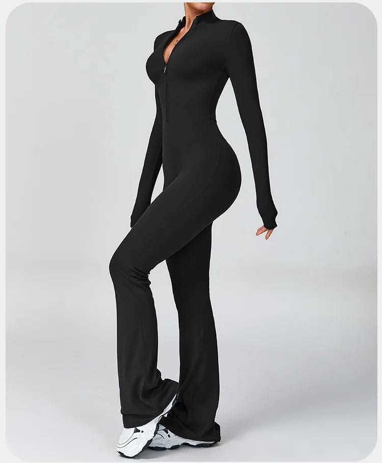 Women's One-piece Yoga Jumpsuit Long Sleeve Zipper Slim Fit Sports Outfit Flare Tights Quick-drying Hip Lift Gym Fitness Clothes.