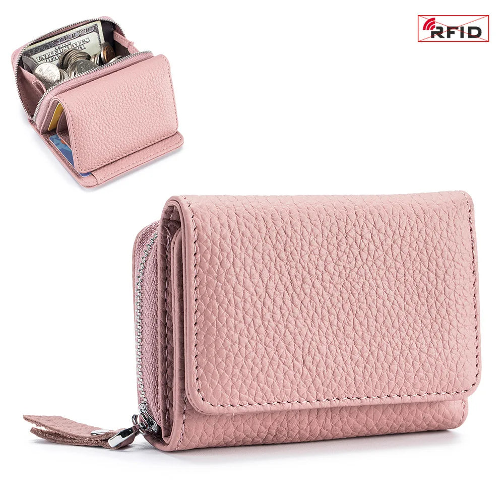 Genuine Leather Women Wallet Small Zipper Coin Wallet Female Short Cow Leather Women Purse RFID Card Money Bag Gift for Women