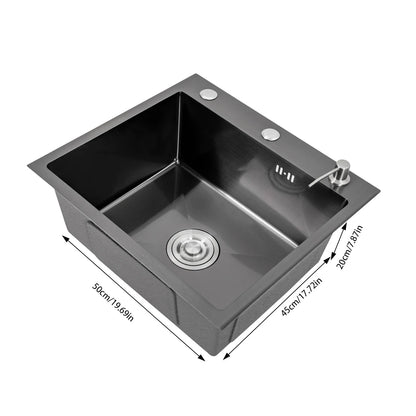 Stainless Steel Sink Kitchen Single Bowl Sink 50 x 45 cm Matte Black with Pipe & Soap Dispenser