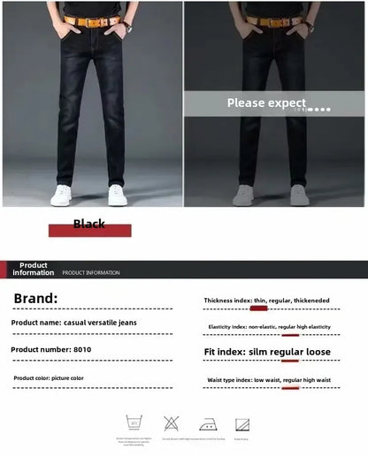 Summer Men's Stretch Jeans Straight-Leg Loose-Fit Business Casual Versatile Long Pants Lightweight Wear-Resistant.