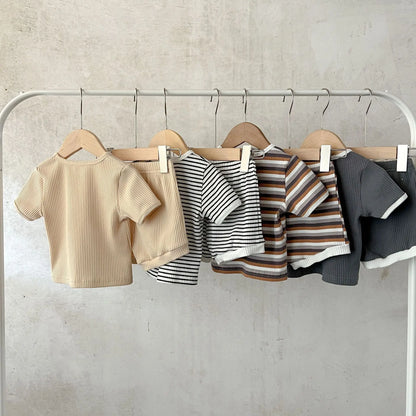 Korean Version Summer Kids Baby Girls Boys Short Sleeve Striped Top Tees +shorts Pants Infant Cute Pure Cotton Clothing Set.