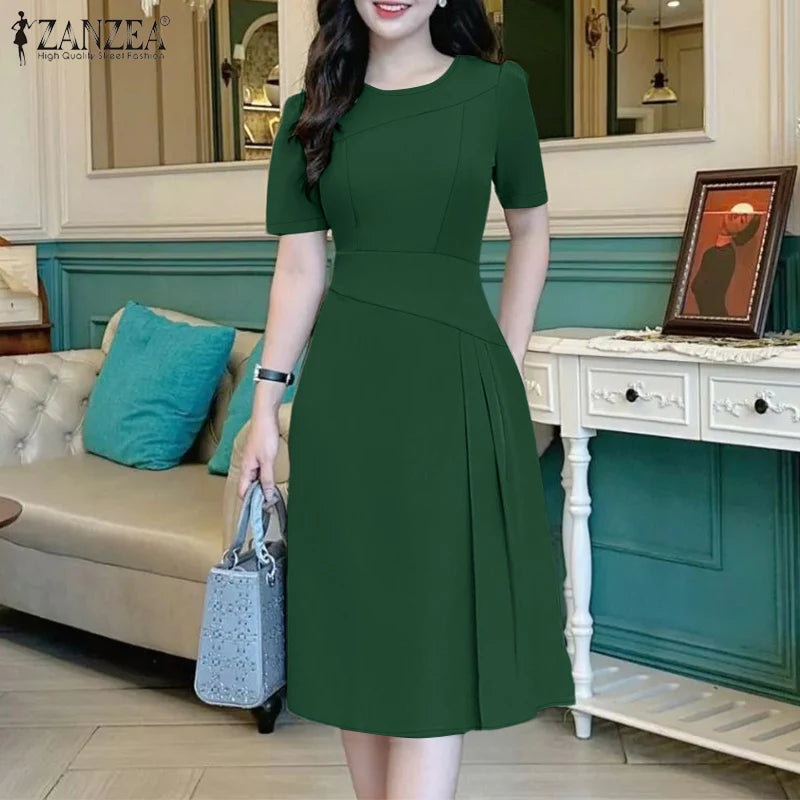 ZANZEA Elegante Büro Frauen Kleider Sommer Stilvolle Solide Party Arbeit Kleid Mode Kurzarm Plissee Vestidos Midi Sommerkleid.