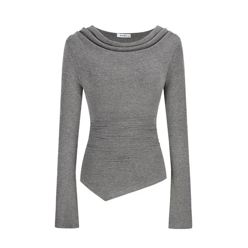 American Style Spicy Girl Irregular One Shoulder Long Sleeve T-Shirt Women's Spring Autumn Slimming Versatile Base Shirt Top.