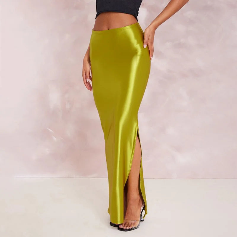2025 Autumn Stain Long Solid Color Skirt Women Elegant High Waist Side Split Maxi Skirts Party Sexy Clothes for Female.