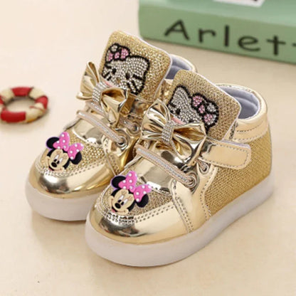 Disney Minnie girl children's sports shoes flashing shoes cartoon LED casual shoes.