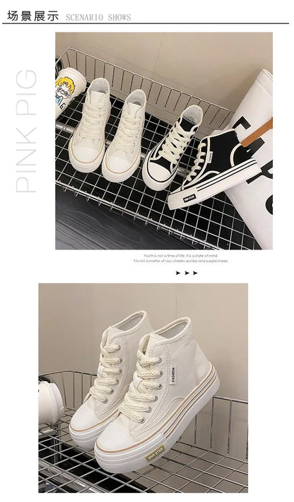 Maogu Women Autumn 2023 New Fashion Thick Platform Leisure Sports Shoe White Sneakers Breathable Casual High Top Canvas Shoes 40.