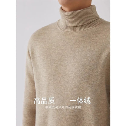 Men‘s Thermal Fleece High-neck Sweater Winter Turn-down Collar Fleece-lined Knitted Pullover Casual Keep Warm Thick Bottom Tops.
