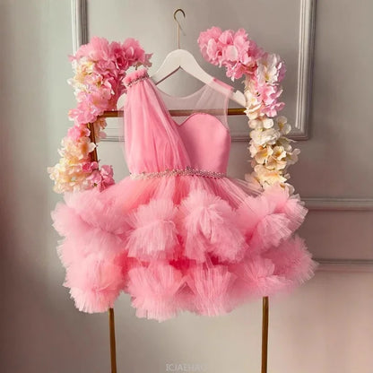 2025Pink Mädchen Sommer Hostess Prinzessin Formale Kleid Kinder Klavier Leistung Outfit Bankett Kleid Blumen Mädchen Hochzeit.