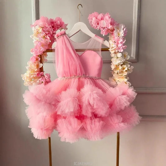 2025Pink Mädchen Sommer Hostess Prinzessin Formale Kleid Kinder Klavier Leistung Outfit Bankett Kleid Blumen Mädchen Hochzeit.