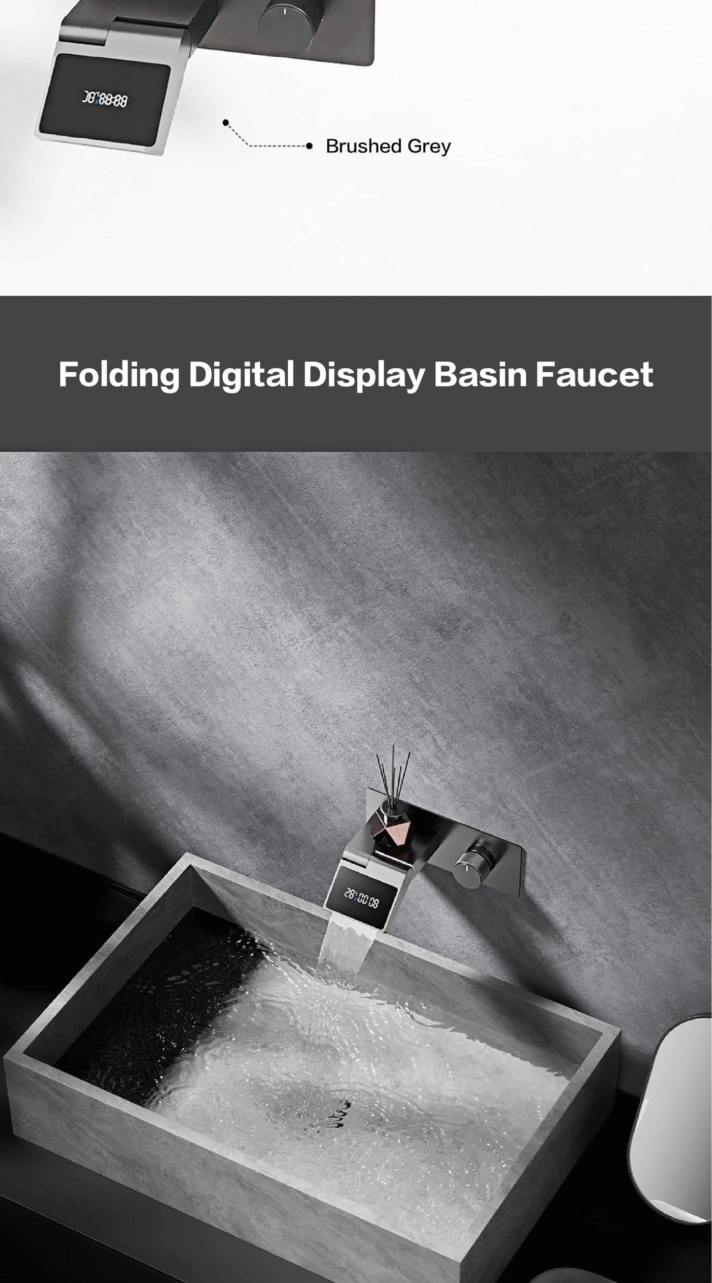 Luxury gun gray brass wall mounted bathroom faucet with LED digital display Single handle hot & cold water embedded bathroom Tap